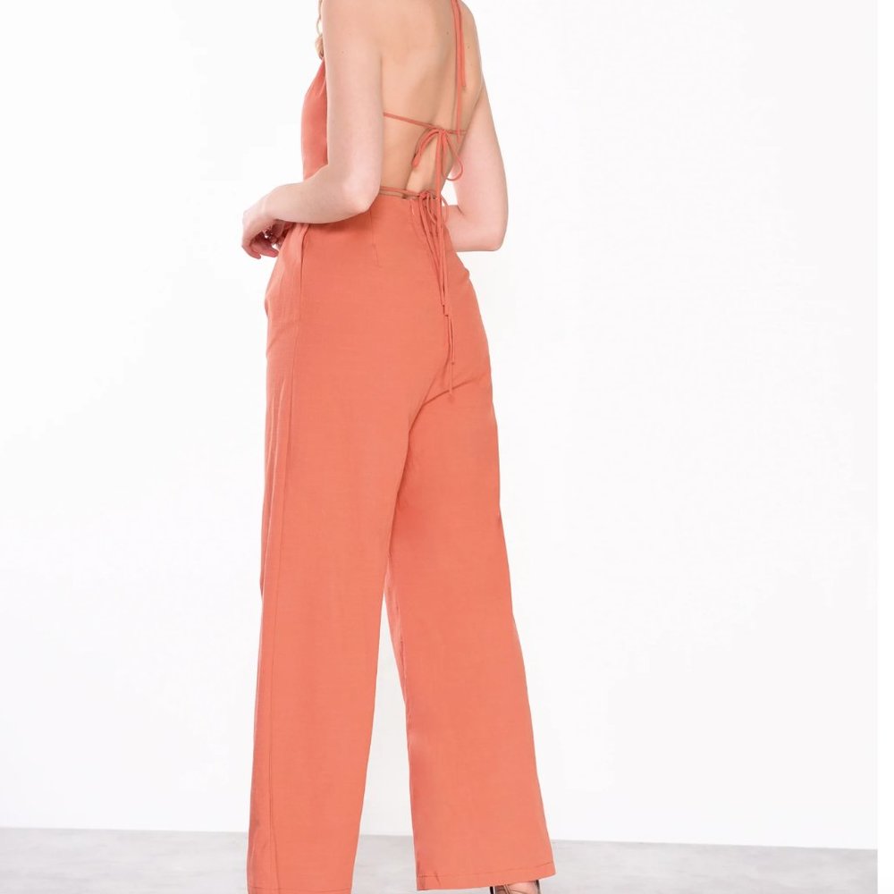 Glamorous Womens Orange Rust Tie Back Wide Leg Jumpsuit Sz 4